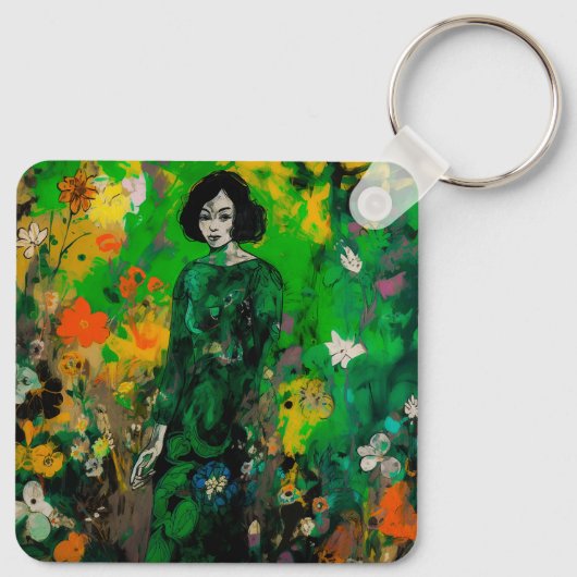 Frau in farbenprächtigem Feld Schlüsselanhänger (Rückseite)