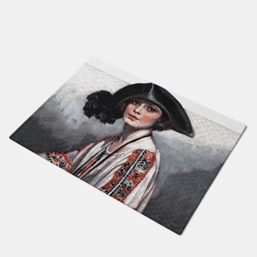 Frau in gestickter Bluse Fußmatte (Schrägansicht)