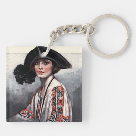 Frau in gestickter Bluse Schlüsselanhänger (Rückseite)