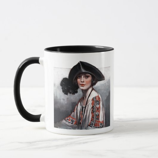 Frau in gestickter Bluse Tasse (Links)