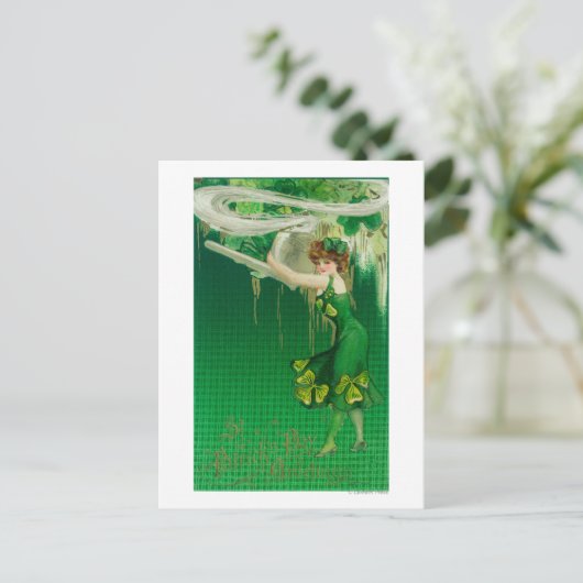 Frau in Grün mit Pipe-Szene Postkarte (Stehend Vorderseite)