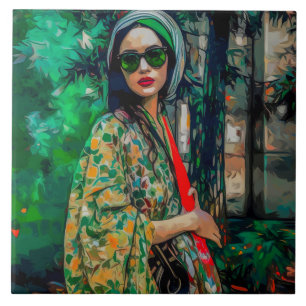 Frau in grüner Sonnenbrille Fliese