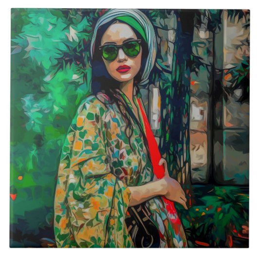 Frau in grüner Sonnenbrille Fliese (Vorderseite)