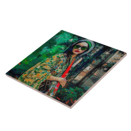 Frau in grüner Sonnenbrille Fliese (Seite)