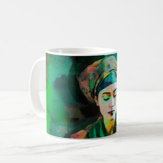 Frau in grüner Sonnenbrille Kaffeetasse (Vorderseite Links)