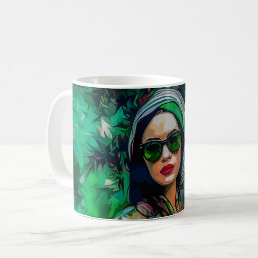 Frau in grüner Sonnenbrille Kaffeetasse (Vorderseite Links)