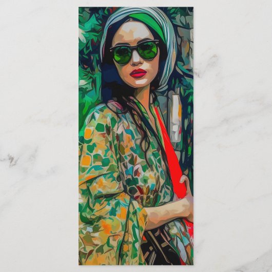 Frau in grüner Sonnenbrille Menükarte (Rückseite)