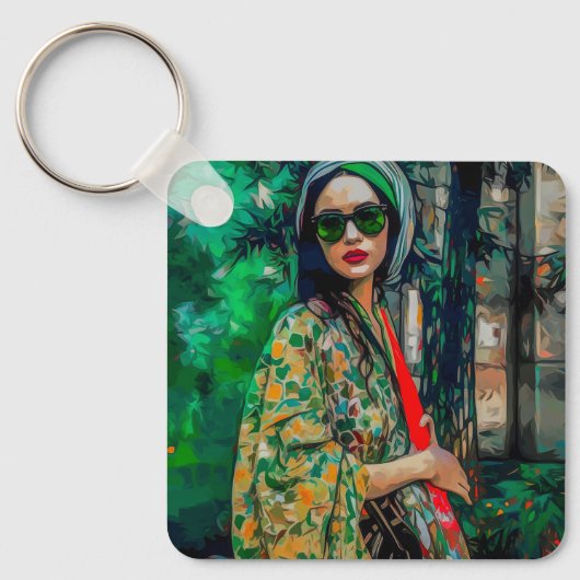 Frau in grüner Sonnenbrille Schlüsselanhänger (Vorderseite)