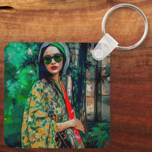 Frau in grüner Sonnenbrille Schlüsselanhänger (Rückseite)