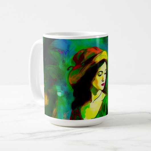 Frau in Grünhut Kaffeetasse (Vorderseite Links)