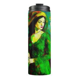 Frau in Grünhut Thermosbecher