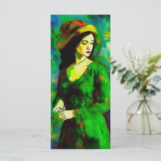 Frau in Hat-Lesezeichen Menükarte (Stehend Vorderseite)