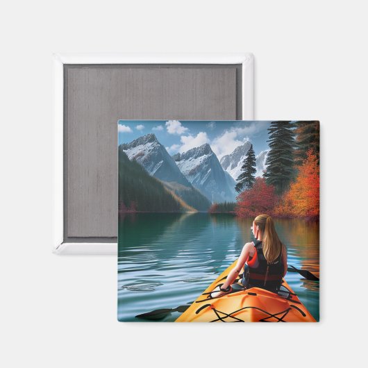Frau in Kayak, die den schönen See hinunter schweb Magnet (Vorderseite/Rückseite)