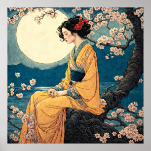 Frau in Kimono Cherry Blossom Mondlicht Nacht Poster