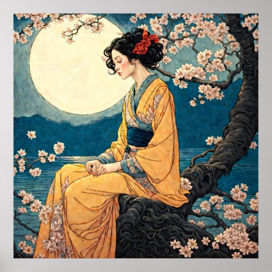 Frau in Kimono Cherry Blossom Mondlicht Nacht Poster (Vorne)