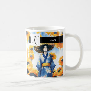 Frau in Kimono, Sonnenblumen Kaffeetasse