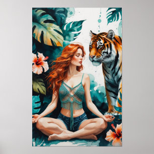 Frau in Meditation mit Bengal-Tiger Poster