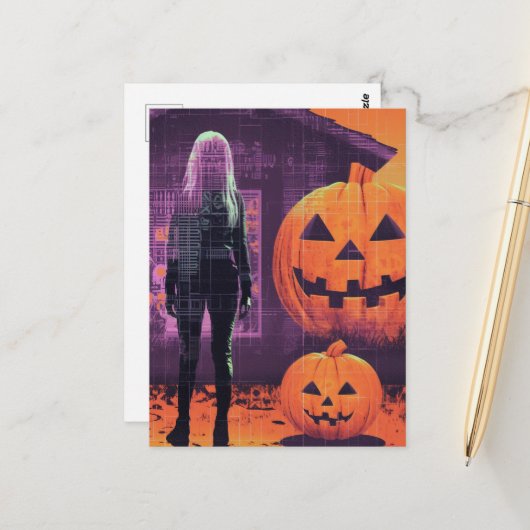 Frau in Orange Lila Halloween Postkarte (Vorderseite/Rückseite Beispiel)