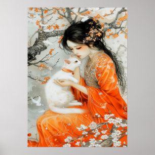 Frau in Orange mit weißer Katze Poster