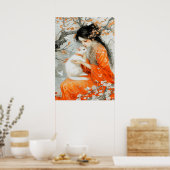 Frau in Orange mit weißer Katze Poster (Küche)