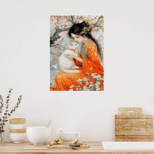 Frau in Orange mit weißer Katze Poster (Küche)