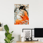 Frau in Orange mit weißer Katze Poster (Heimbüro)