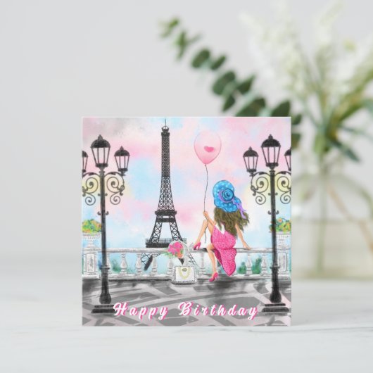 Frau in Paris Eiffel Tower Happy Birthday Card Karte (Stehend Vorderseite)
