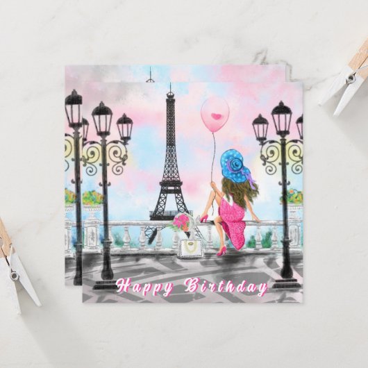 Frau in Paris Eiffel Tower Happy Birthday Card Karte (Vorderseite/Rückseite Beispiel)