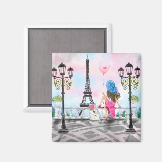 Frau in Paris Magnet Geschenk mit Eiffelturm (Vorderseite/Rückseite)