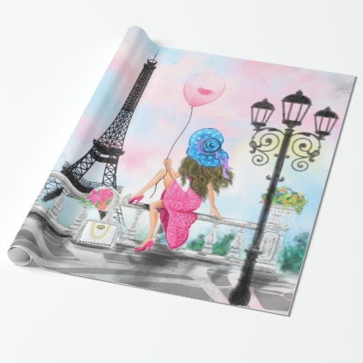 Frau in Paris Umschlagpapier mit Eiffelturm Geschenkpapier (Ungerollt)
