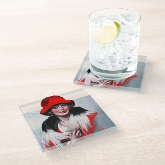 Frau in Red Hat Glasuntersetzer (Schrägansicht)