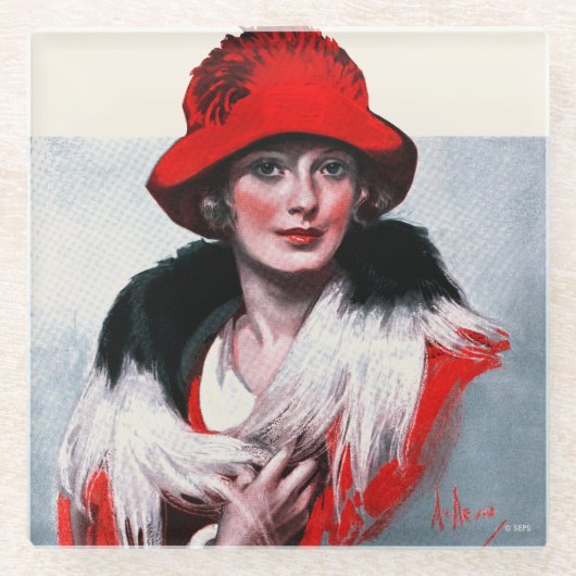Frau in Red Hat Glasuntersetzer (Vorderseite)