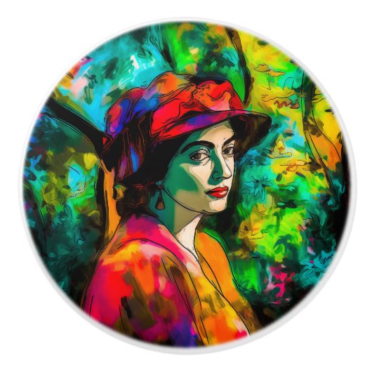 Frau in Red Hat Keramikknauf (Vorderseite)