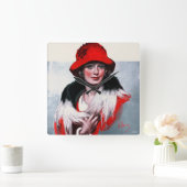 Frau in Red Hat Quadratische Wanduhr (Zuhause)