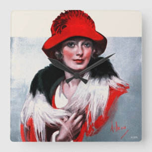 Frau in Red Hat Quadratische Wanduhr