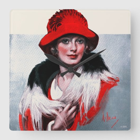 Frau in Red Hat Quadratische Wanduhr (Vorderseite)