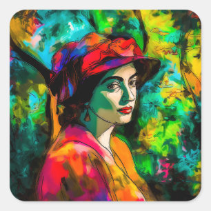 Frau in Red Hat Quadratischer Aufkleber