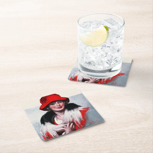 Frau in Red Hat Rechteckiger Pappuntersetzer (Vor Ort)