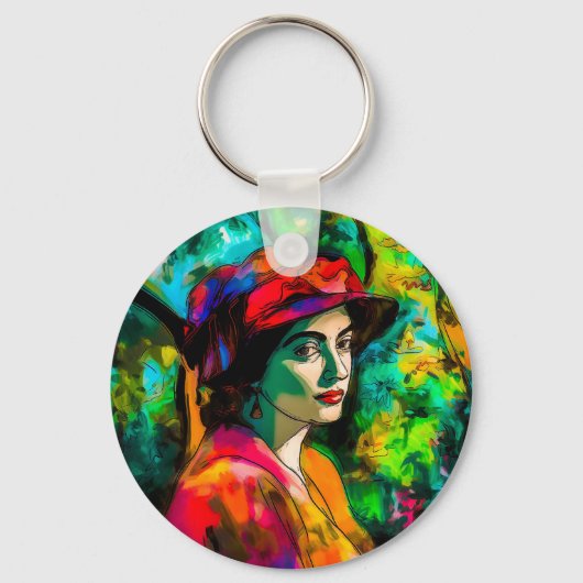Frau in Red Hat Schlüsselanhänger (Vorderseite)