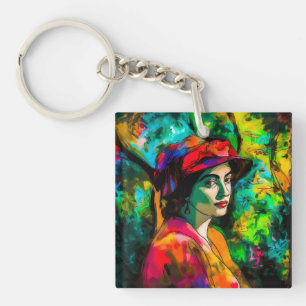 Frau in Red Hat Schlüsselanhänger
