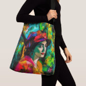 Frau in Red Hat Tragetaschen Mit Langen Trägern (Von Nahem)