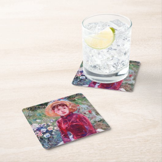 Frau in Rot, Berthe Morisot Rechteckiger Pappuntersetzer (Vor Ort)