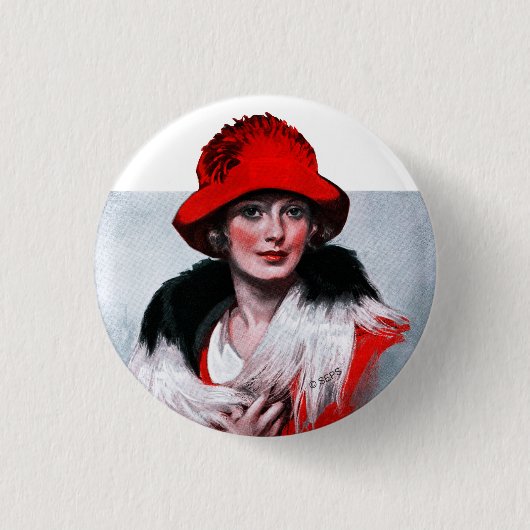 Frau in rotem Hut Button (Vorderseite)