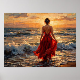 Frau in rotem Kleid am Sunset Beach Gemälde Poster