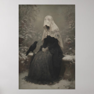 Frau in schwarzem Schleier mit Rabe Gothic Trauer Poster
