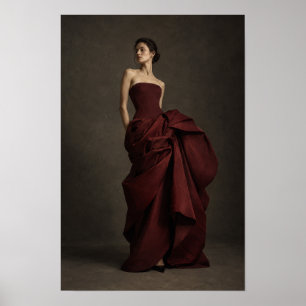 Frau in skulpturalem burgunderrotem Abendkleid, Mo Poster
