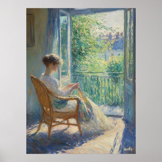 Frau in Sunlit Room mit Balkon - Impressionistin Poster (Vorne)