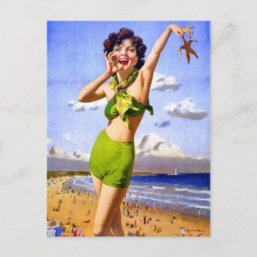 Frau in Swimsuit am Strand Postkarte (Vorderseite)