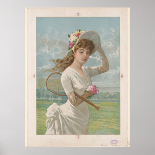 Frau in weißem Kleid hält Tennisracket Vintage Poster