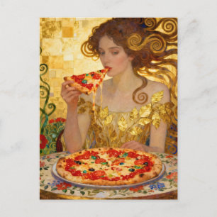 Frau isst Pizza Faux Klimt Kunst Postkarte